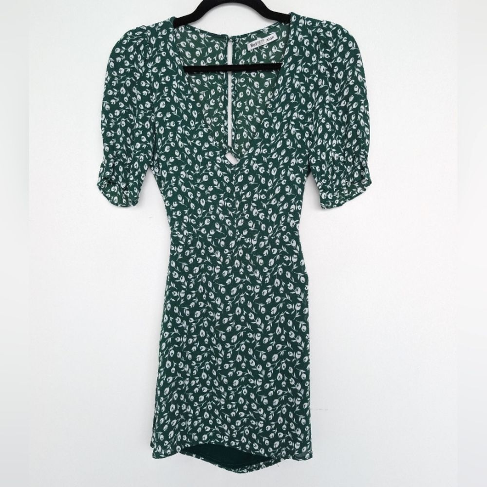 Reformation Green Ditzy Floral Mini Dress Puff Sleeve Slit Back Sz 2